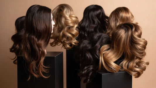 close-up of silky human hair wigs on sleek stands under soft warm studio light